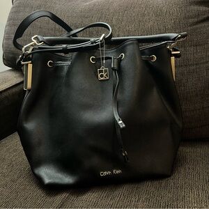 Calvin Klein Women's Black Leather Drawstring Bucket Bag